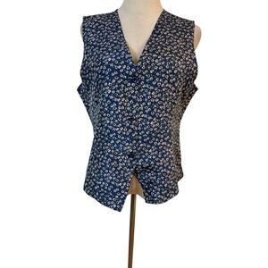 Vtg Silk Vest Top Blue Ditsy Floral Button Front Sz M Cottagecore Grandma Grunge